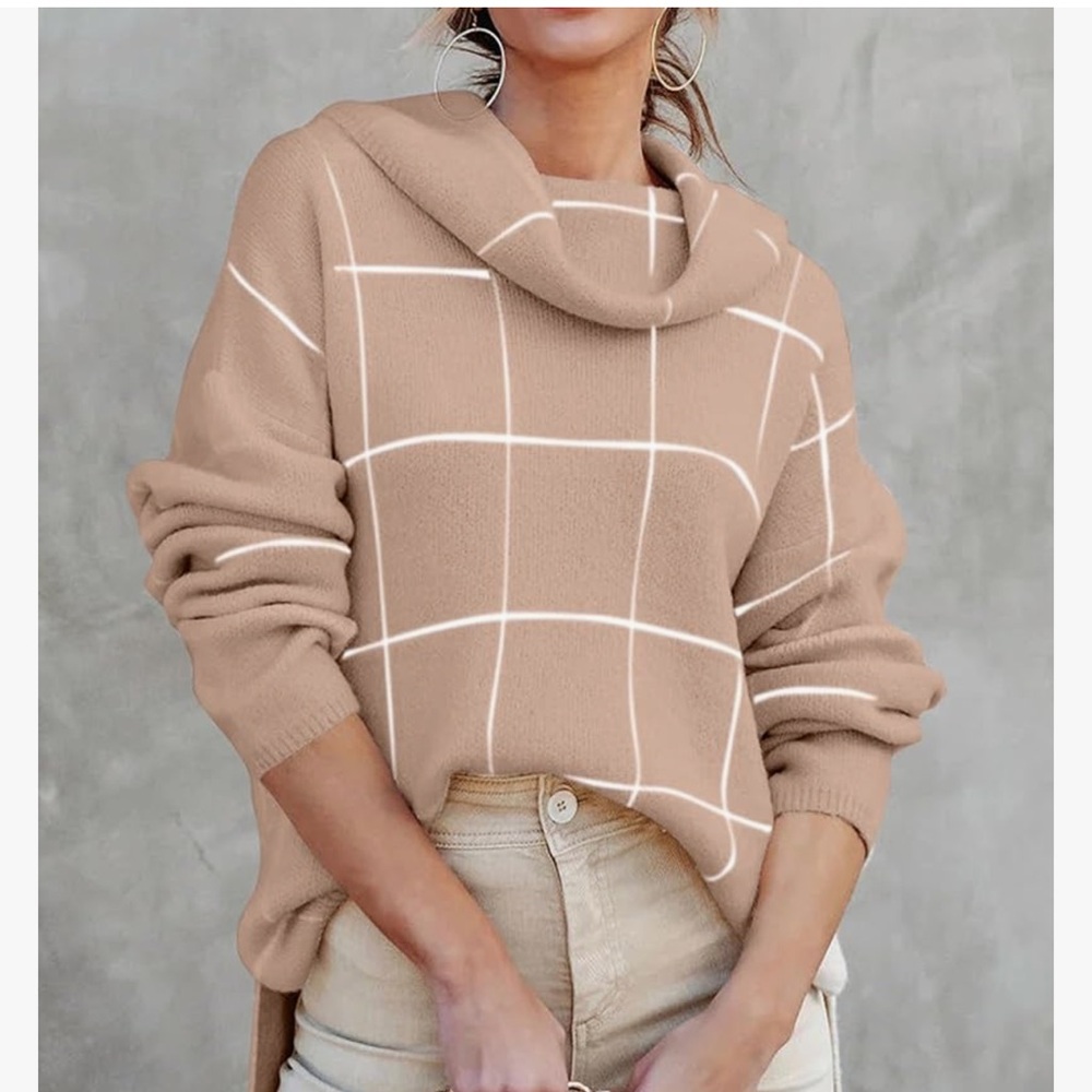 NWOT Plaid Khaki Knit Turtleneck Sweater Cowl Neck Pullover